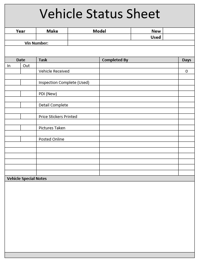 Form Vehicle Status Sheet NWAutoLink