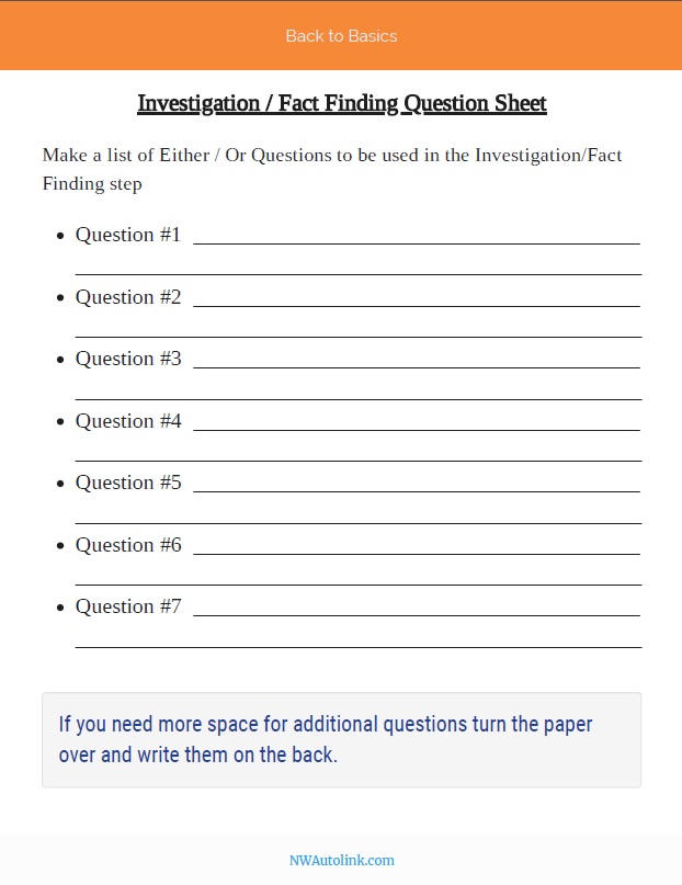 Back to Basics Work Sheet Investigation Fact Finding NWAutoLink