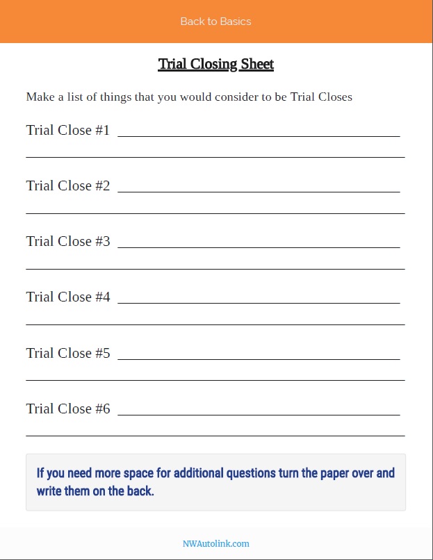 Back to Basics – Work Sheet – Trial Closing
